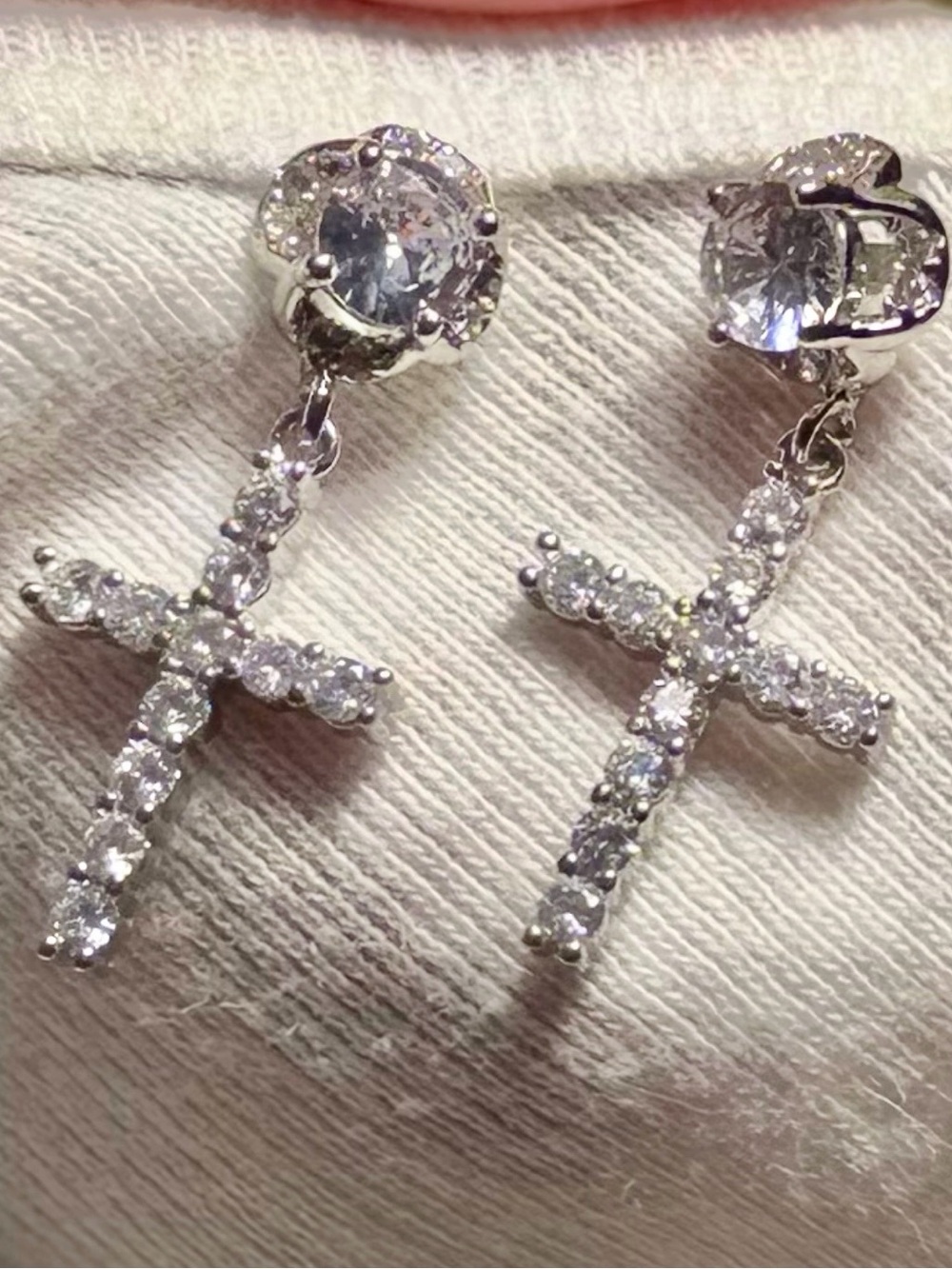 Silver tone Crystal Cross Drop Earrings NIP